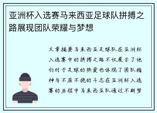 亚洲杯入选赛马来西亚足球队拼搏之路展现团队荣耀与梦想