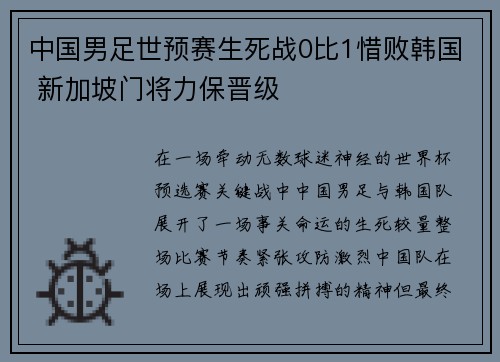 中国男足世预赛生死战0比1惜败韩国 新加坡门将力保晋级