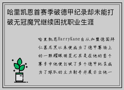 哈里凯恩首赛季破德甲纪录却未能打破无冠魔咒继续困扰职业生涯